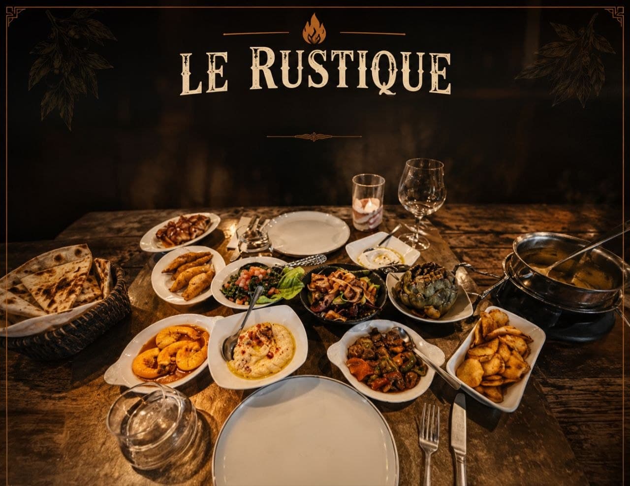 Mezze uppdukat på rustikt träbord
