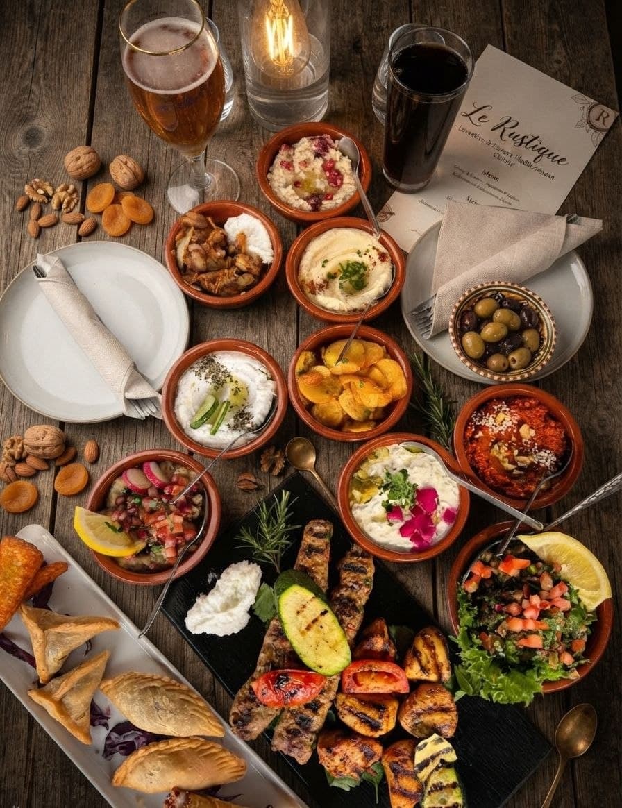 Delningsbord fullt av libanesiska mezze